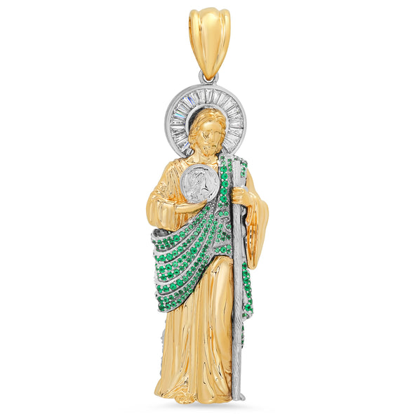 14k Two-tone Gold San Jude San Judas Pendant Green CZ