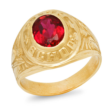 14k Yellow Gold and Red CZ High School Graduation Ring ( Size 9-12 )