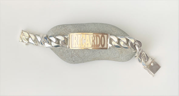 14 Karat Gold Nameplate and Silver Cuban Link ID Bracelet 135.00 gr.