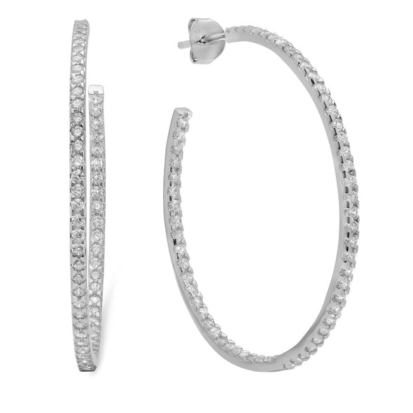 Sterling Silver and Cubic Zirconia 1.5 Inch Hoop Earring