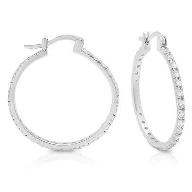 Sterling Silver and Cubic Zirconia 1 Inch Hoop Earring