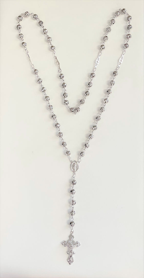 Sterling Silver 6.5 mm Bead Rosary Necklace 28 Inch