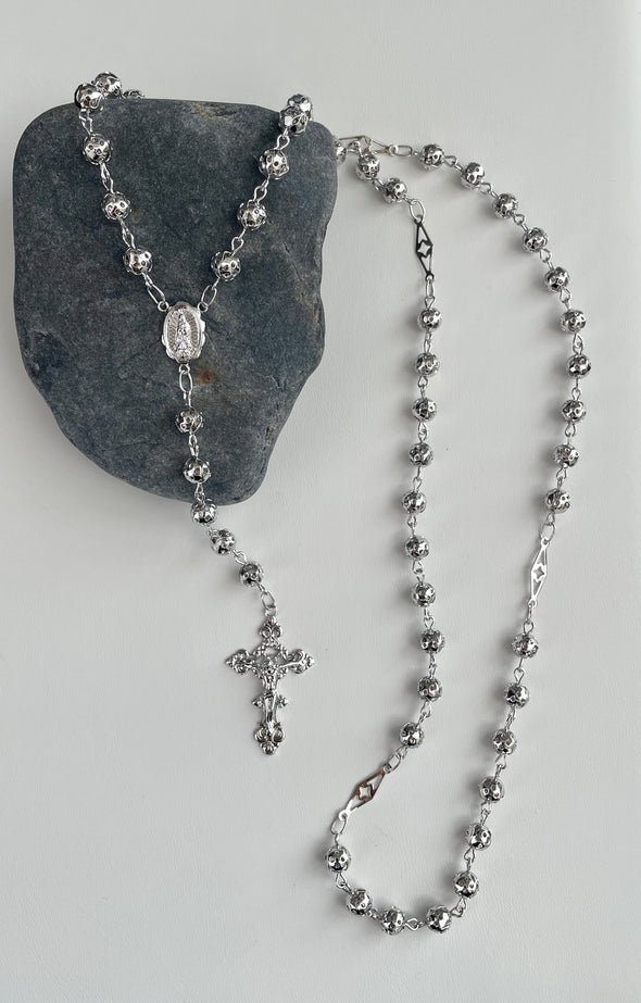 Sterling Silver 6.5 mm Bead Rosary Necklace 28 Inch