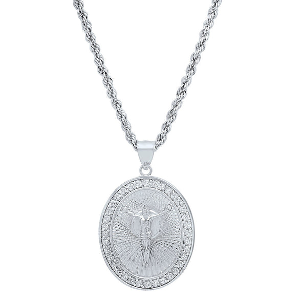 Sterling Silver CZ Crucifix Medal Necklace (24 Inch)