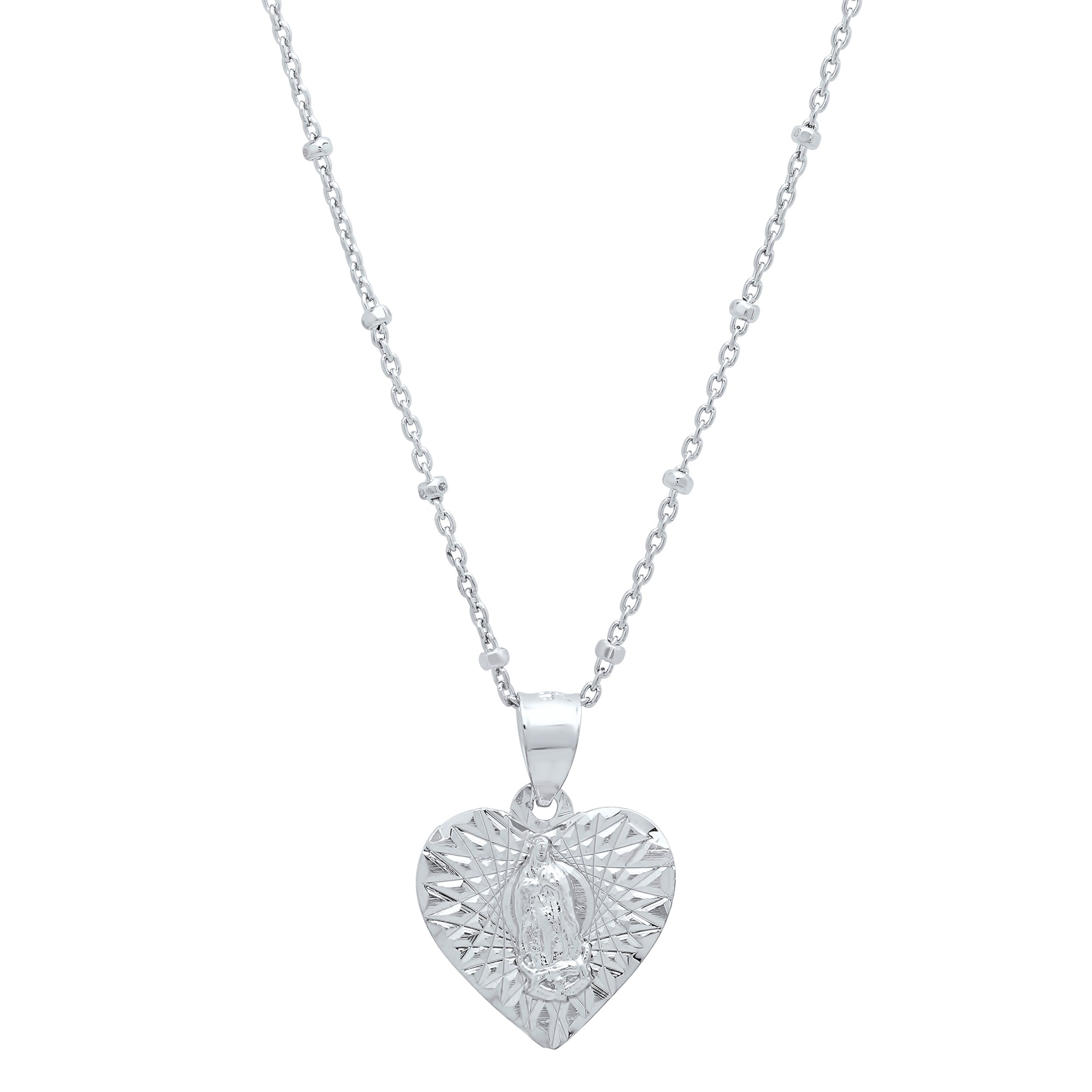 Rhodium Plated Silver Guadalupe Heart Necklace (18 Inch)