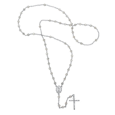 Rhodium Plated Silver Rosary Made with Swarovski Crystals (28 Inch)