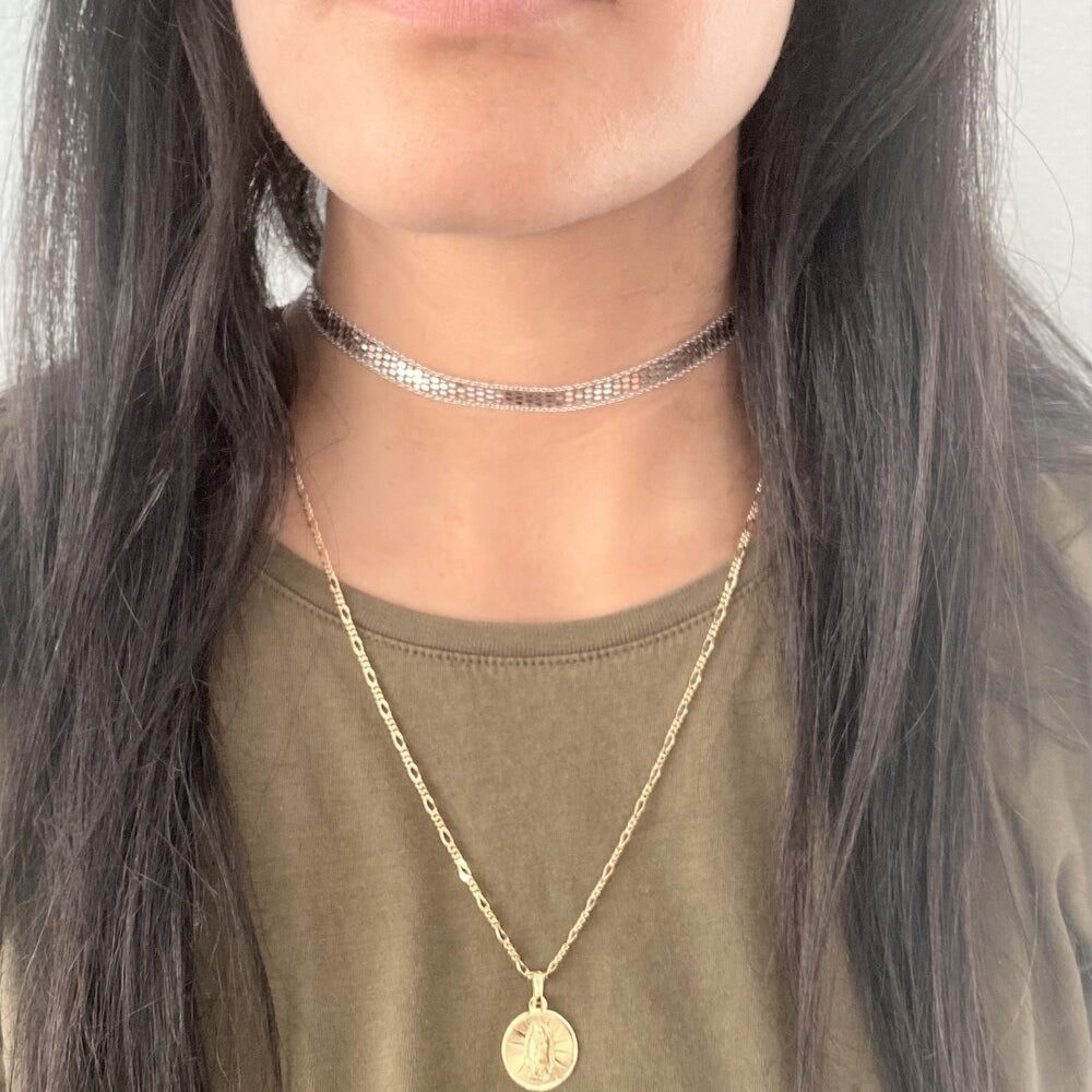 Yellow Gold Plated Our Lady of Guadalupe Figaro Necklace ( 24 Inch )