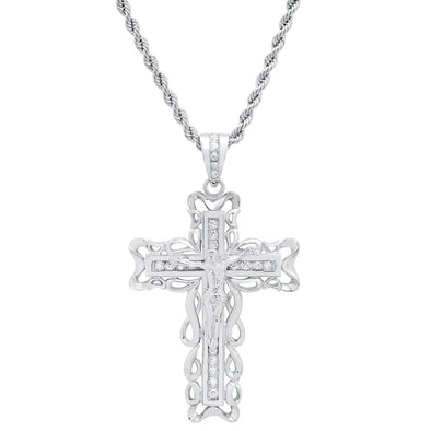 Sterling Silver CZ Crucifix Necklace ( 20-24 Inch )