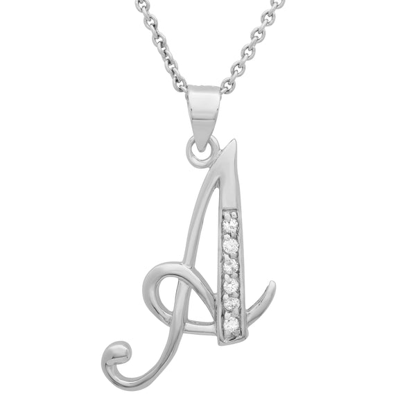 Rhodium Plated Silver CZ Script Initial Necklace