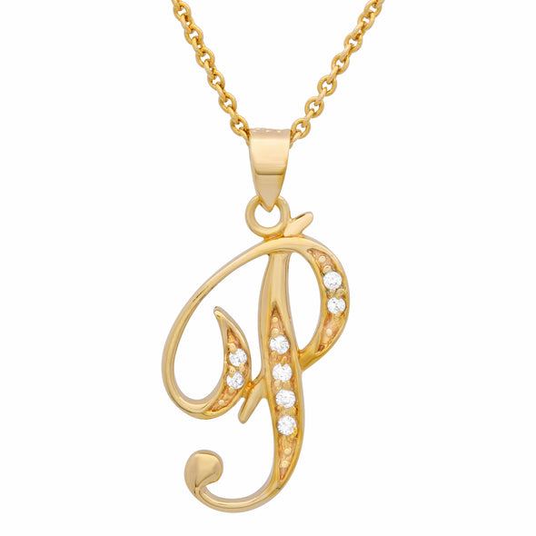 Gold Plated Silver CZ Script Initial Necklace
