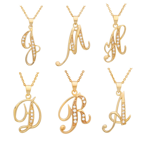 Gold Plated Silver CZ Script Initial Necklace
