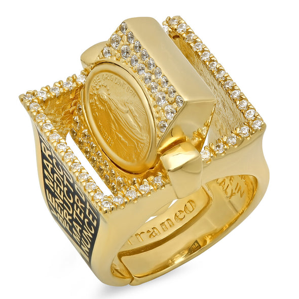 Yellow Gold Plated Silver and Enamel Hail Mary Ring (Size 5.5-8.5)