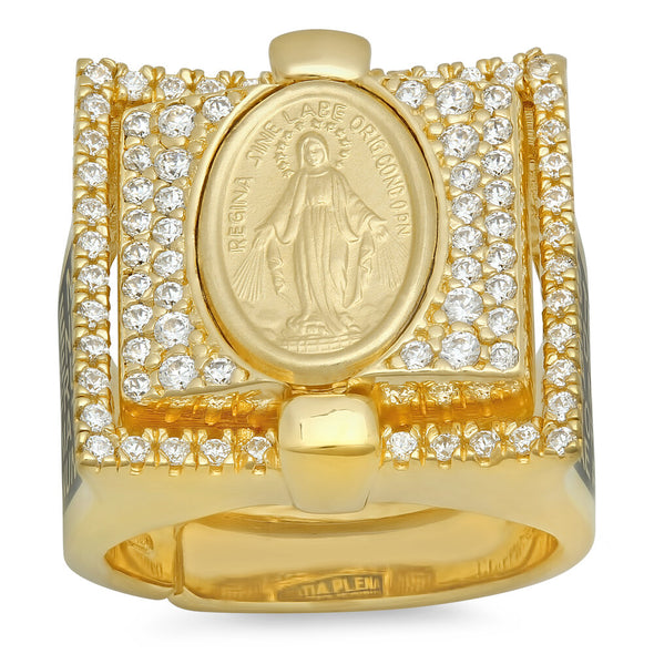 Yellow Gold Plated Silver and Enamel Hail Mary Ring (Size 5.5-8.5)