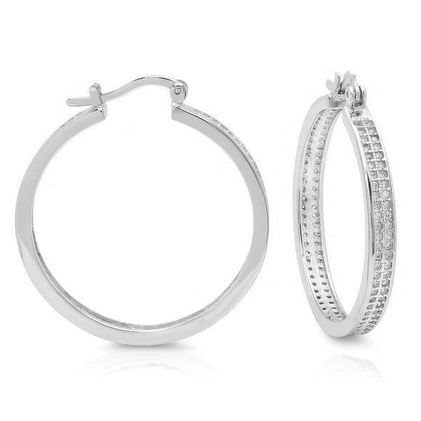 Sterling Silver and Cubic Zirconia 1.25 Inch Hoop Earring